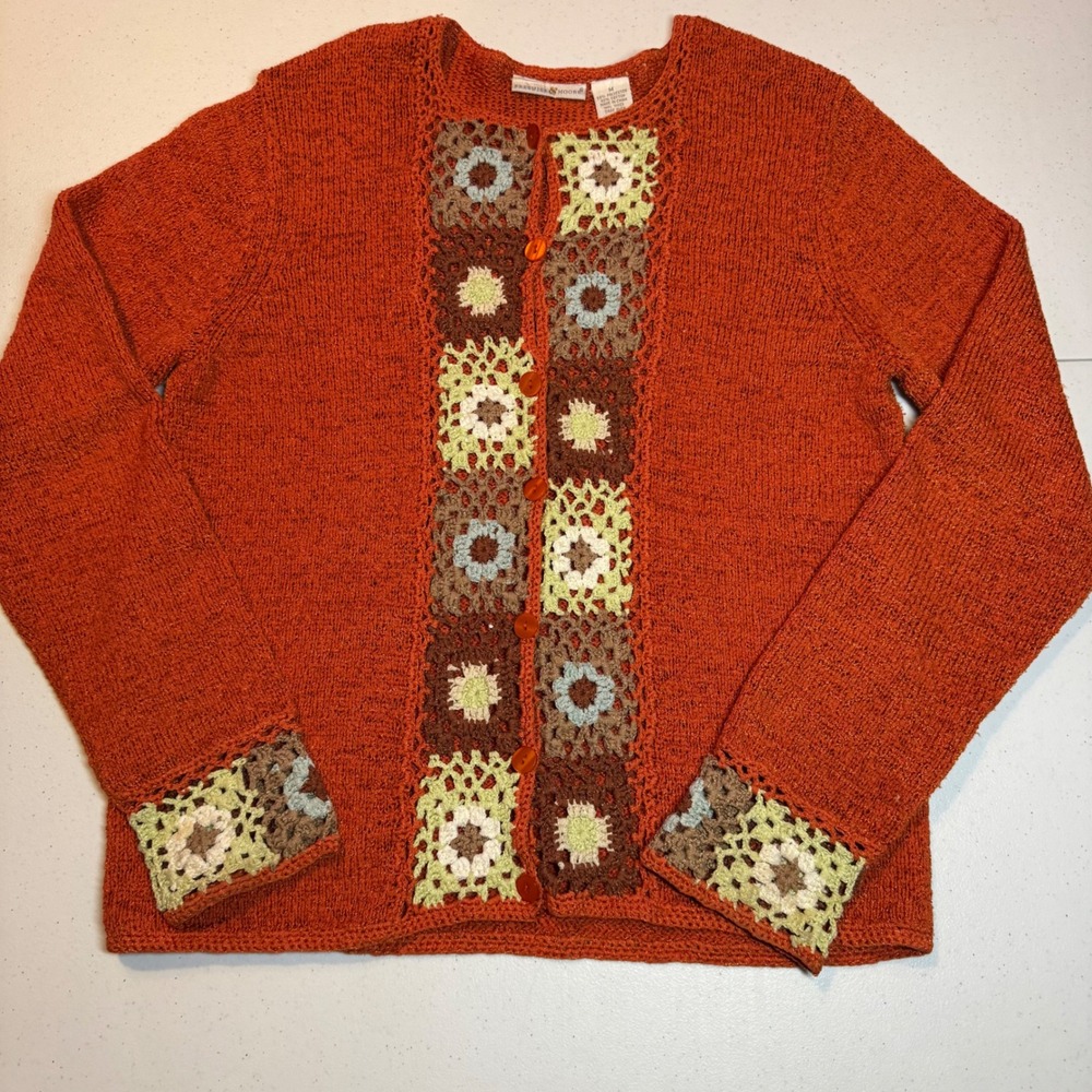 Cottagecore Orange Crochet Granny Square Cardigan Sweater Medium Boho Chic Artsy